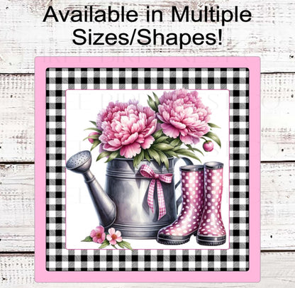 Watering Can Wreath Sign, Garden Lover, Rain Boots, Pink Peonies
