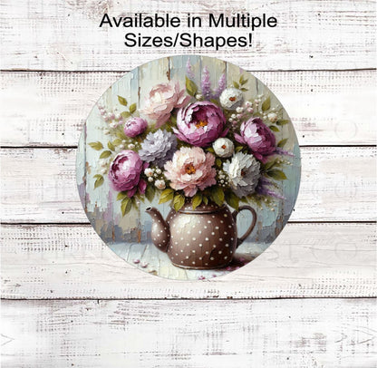 A beautiful tea pot filled with peonies and greenery in a faux painting look