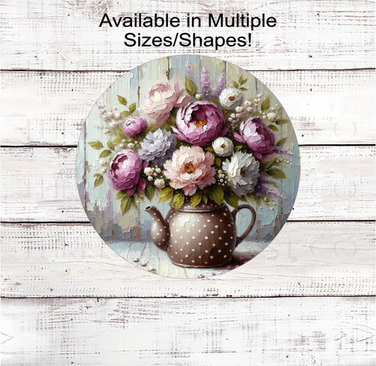 A beautiful tea pot filled with peonies and greenery in a faux painting look