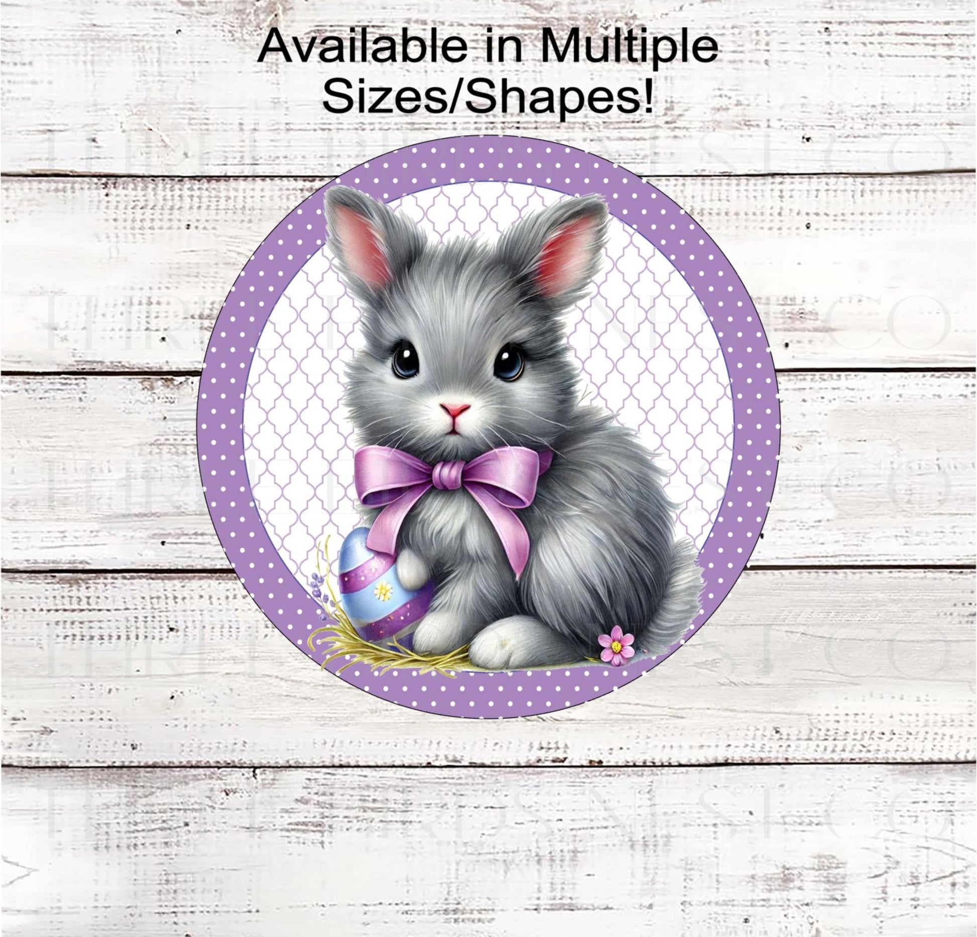 An adorable Easter Bunny with his Egg surrounded by purple designs.