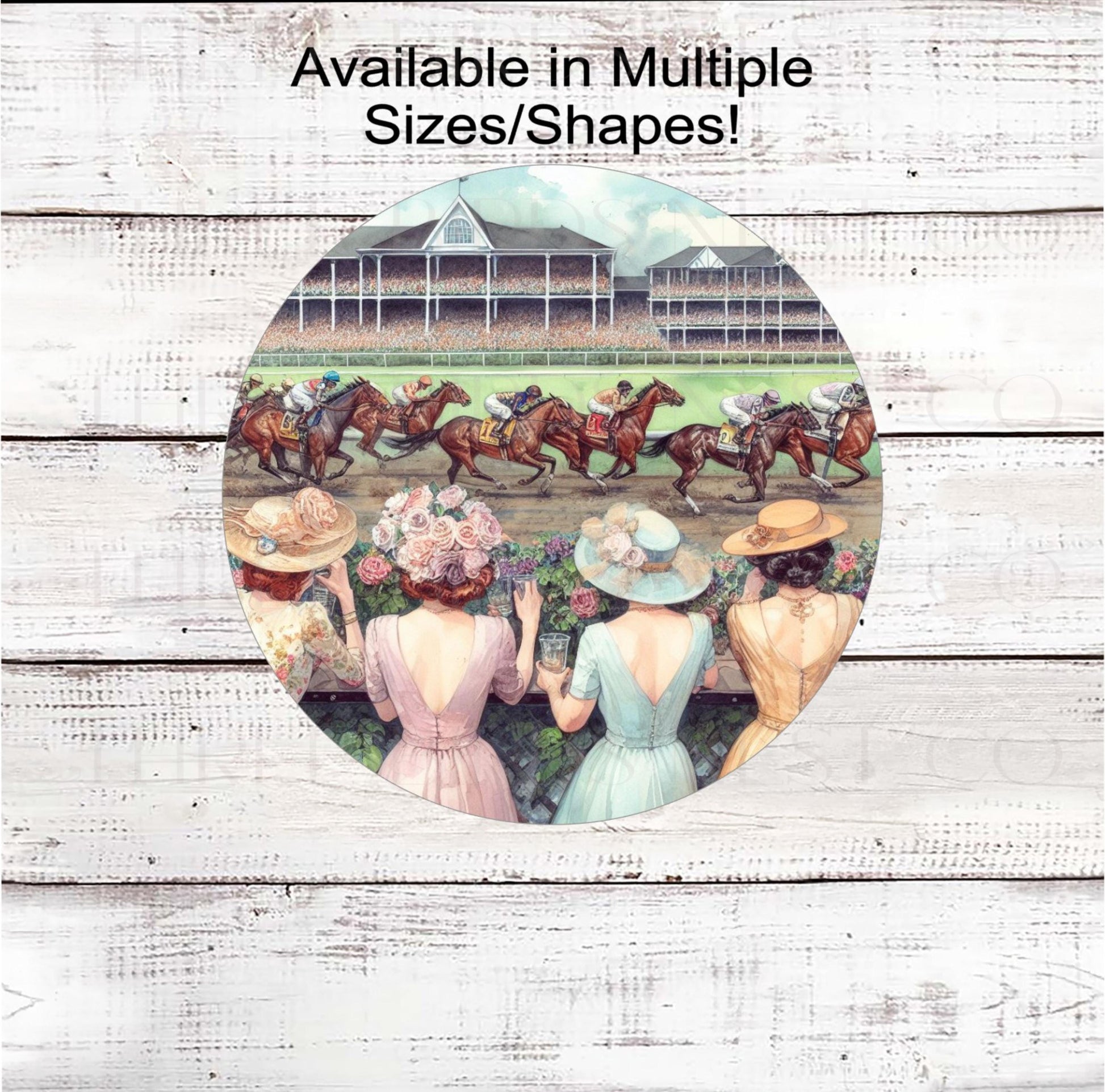 A beautiful wreath sign with a vintage Kentucky Derby scene