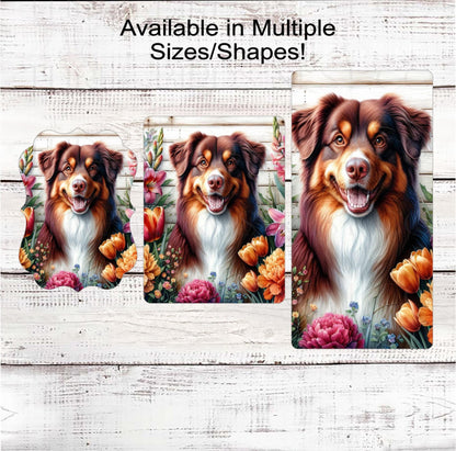 Dog Wreath Sign, Australian Shepherd Dog, Spring Flowers, Floral Wreath Sign