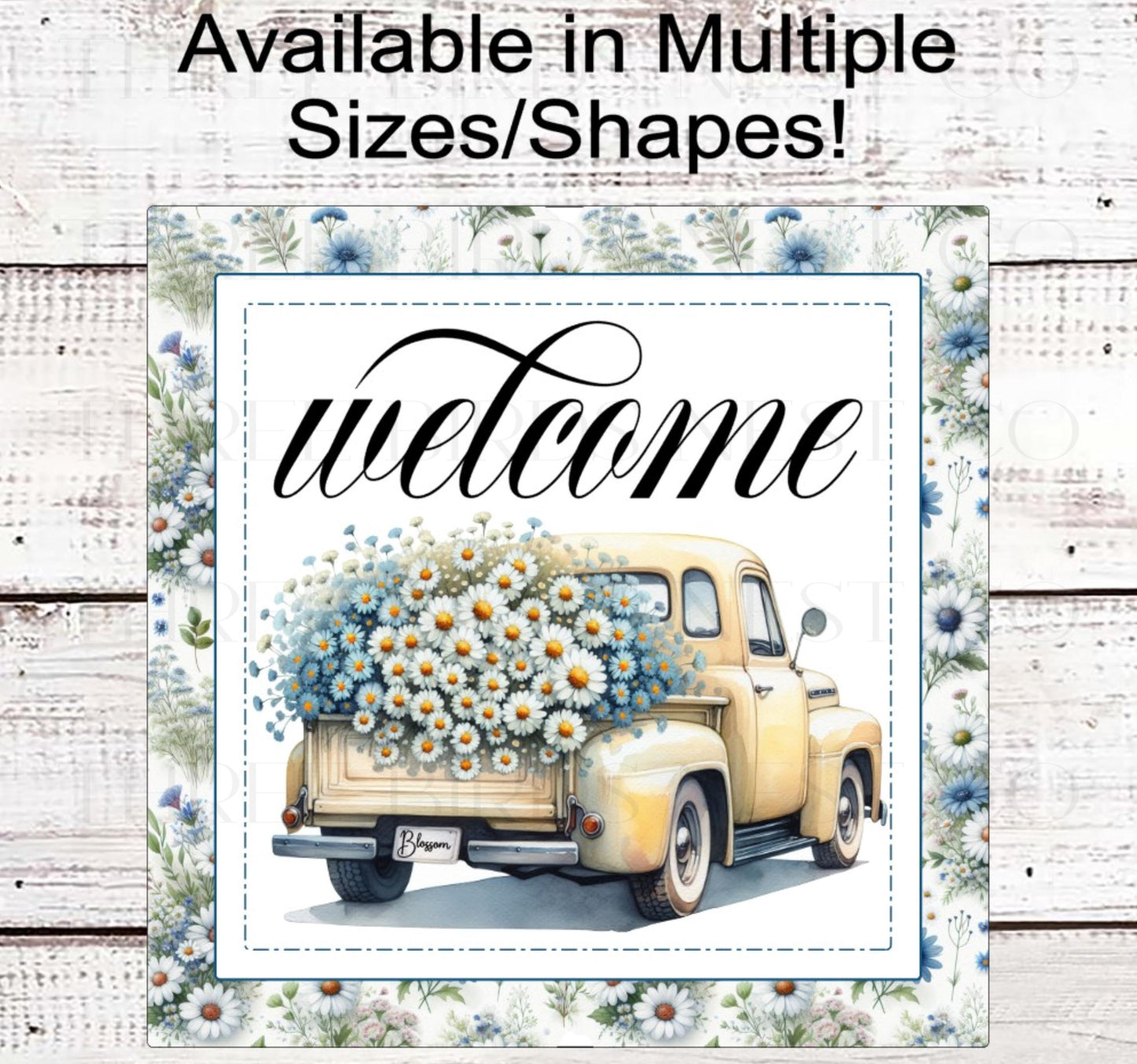 Yellow Truck Welcome Wreath Sign, Daisy Decor, Spring Florals