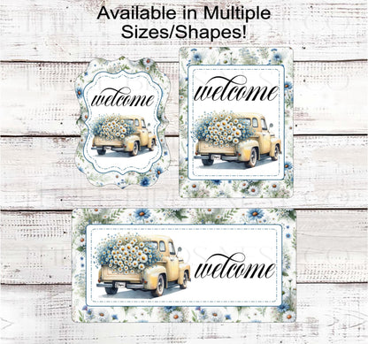 Yellow Truck Welcome Wreath Sign, Daisy Decor, Spring Florals