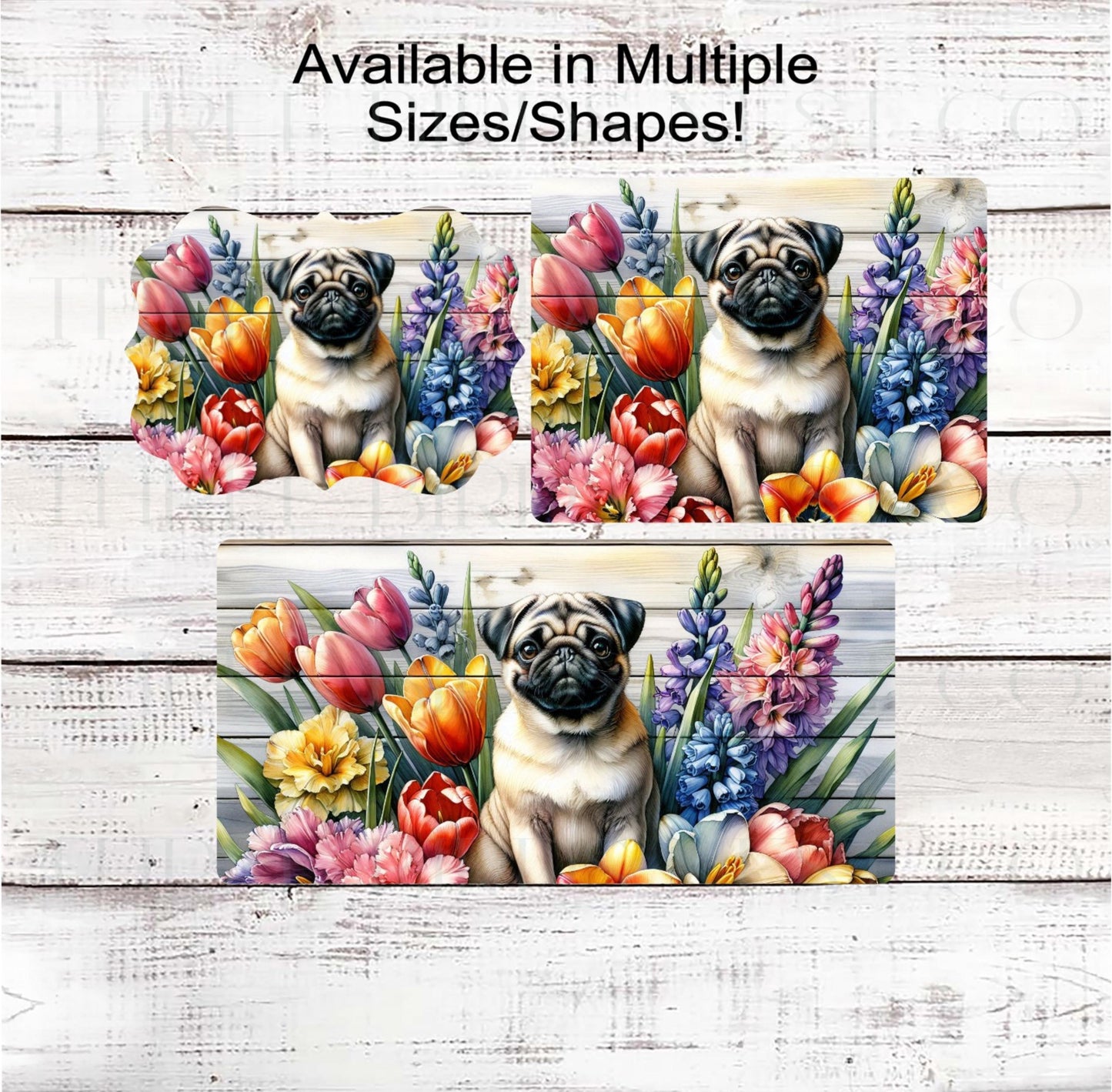 Dog Wreath Sign, Pug Dog, Spring Flowers, Floral Wreath Sign