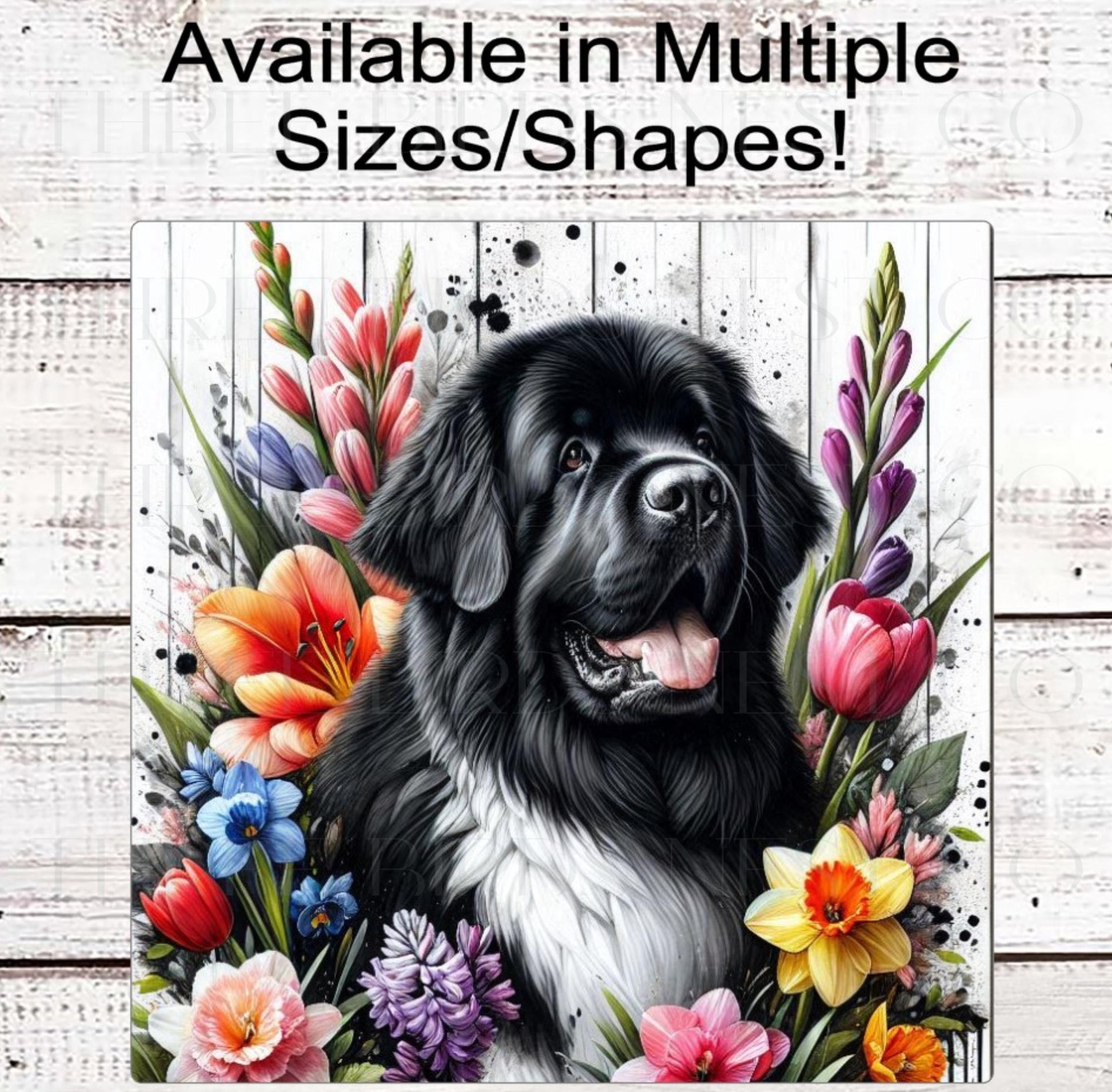 Dog Wreath Sign, Landseer Newfoundland Dog, Spring Flowers, Floral Wreath Sign