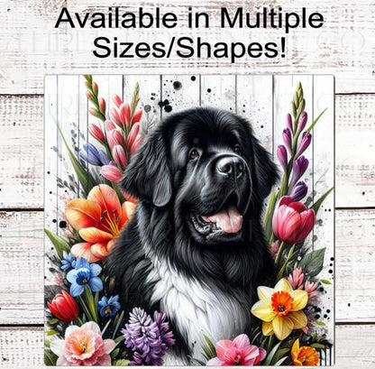 Dog Wreath Sign, Landseer Newfoundland Dog, Spring Flowers, Floral Wreath Sign