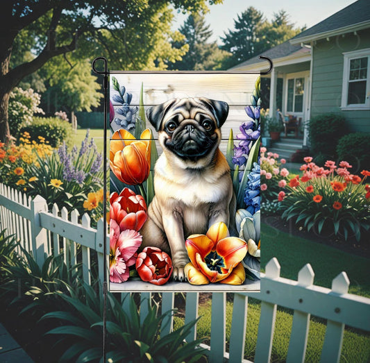 A beautiful fawn Pug dog surrounded by gorgeous flowers.