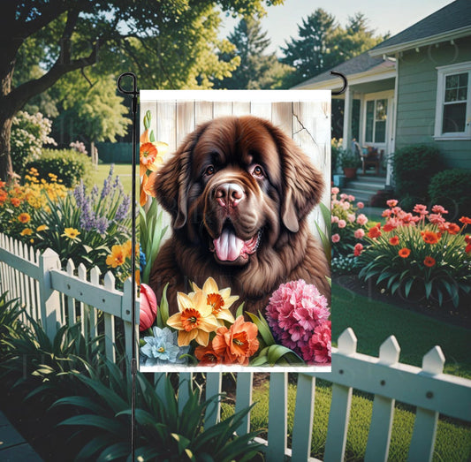 A beautiful brown Newfoundland dog surrounded by gorgeous flowers.