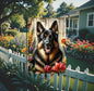 A beautiful black and tan German Shepherd dog surrounded by gorgeous flowers.