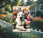 A beautiful white German Shepherd dog surrounded by gorgeous flowers.