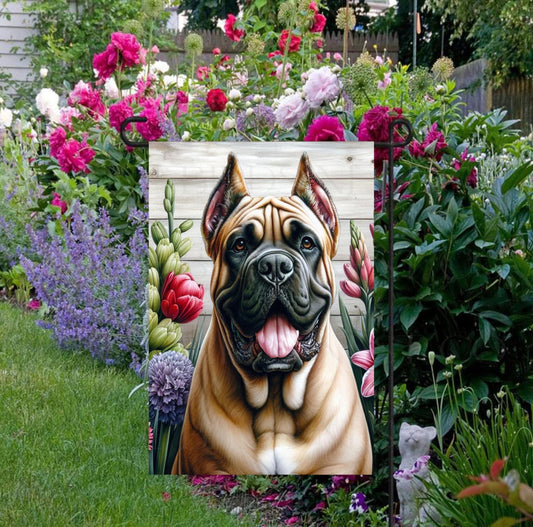 A beautiful fawn Cane Corso dog surrounded by gorgeous flowers.