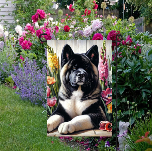 A beautiful Akita dog surrounded by gorgeous flowers.