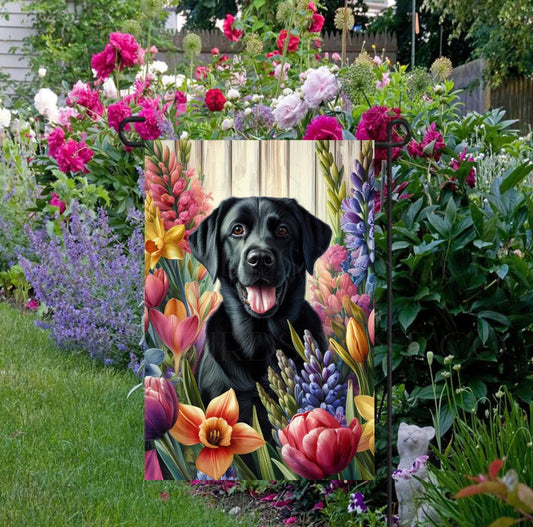 A beautiful black Labrador Retriever dog surrounded by gorgeous flowers.