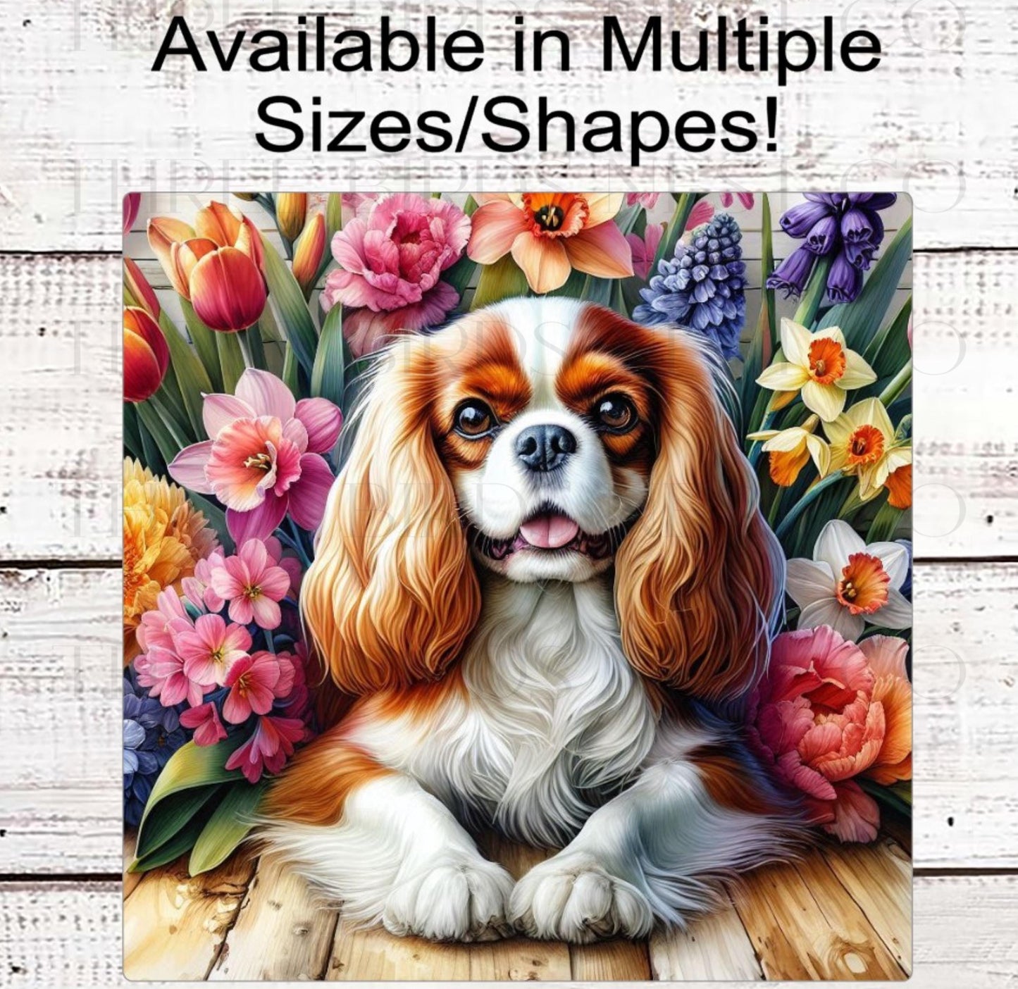 Spring Dog Wreath Sign, Cavalier King Charles Spaniel Dog, Floral Wreath Sign