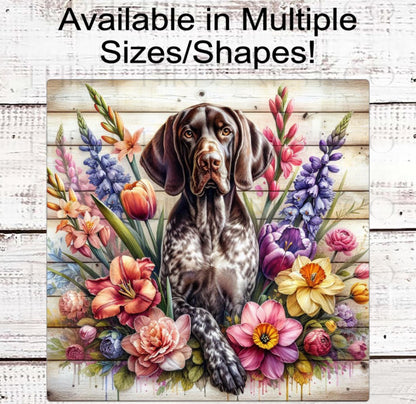 Spring Flowers Dog Wreath Sign - German Shorthaired Pointer Dog - Floral Wreath Sign