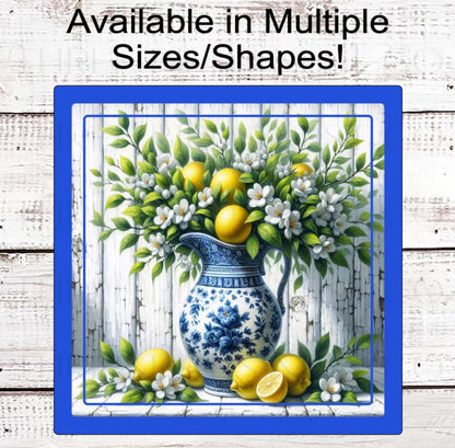 Lemons Wreath Sign, Floral Sign, Rustic Farmhouse Decor, Chinoiserie