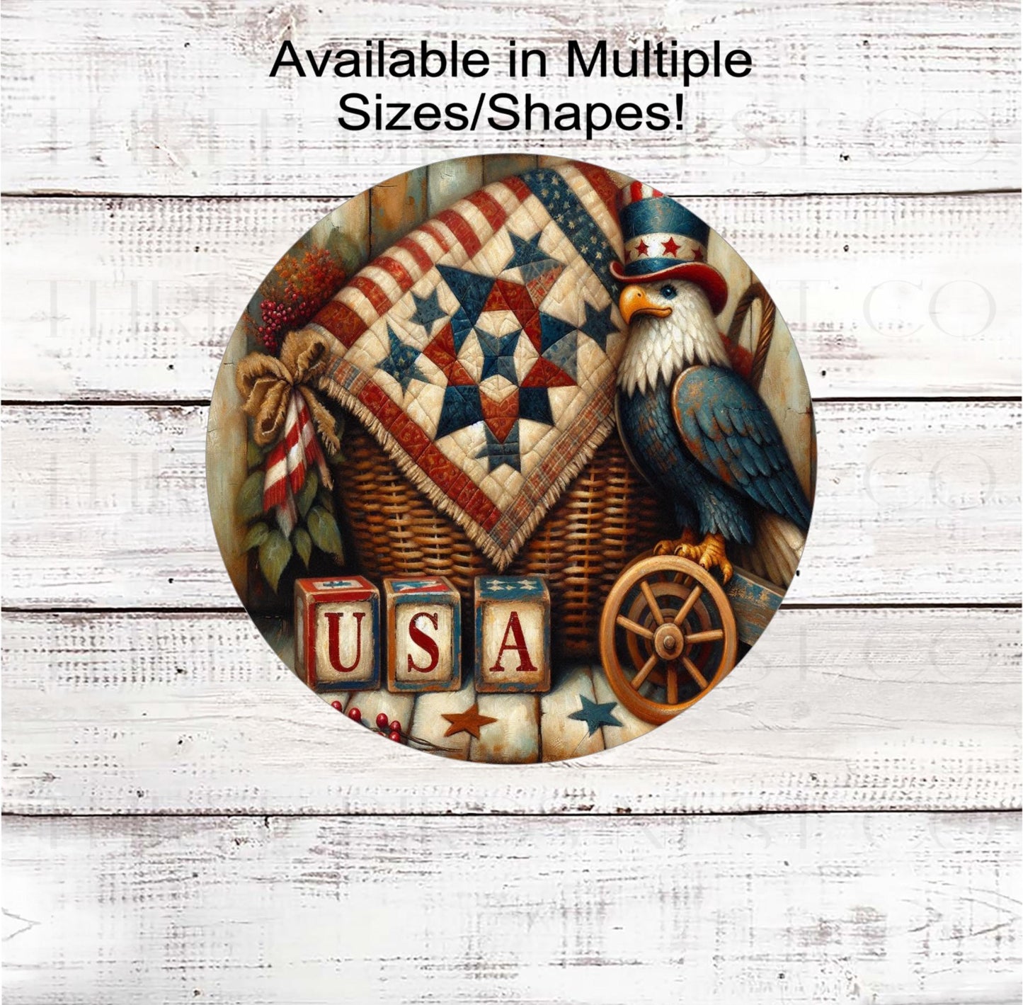 An adorable Primitive Patriotic Wreath Sign with USA wooden blocks and a wooden Bald Eagle pull-toy with an Americana quilt.on her dress.