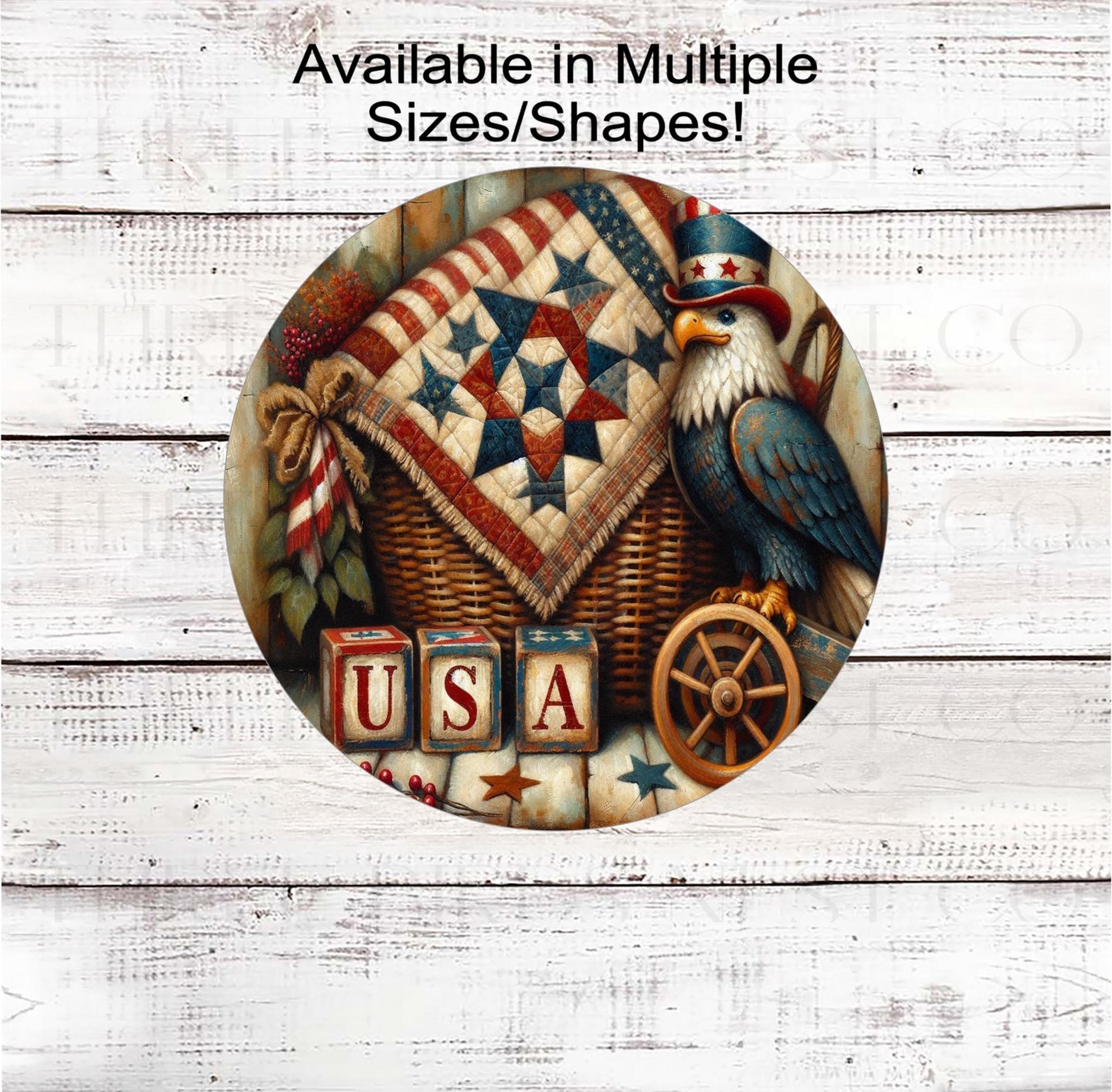 An adorable Primitive Patriotic Wreath Sign with USA wooden blocks and a wooden Bald Eagle pull-toy with an Americana quilt.on her dress.