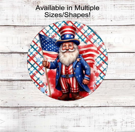 An adorable Uncle Same on a Patriotic Plaid background with an American Flag.
