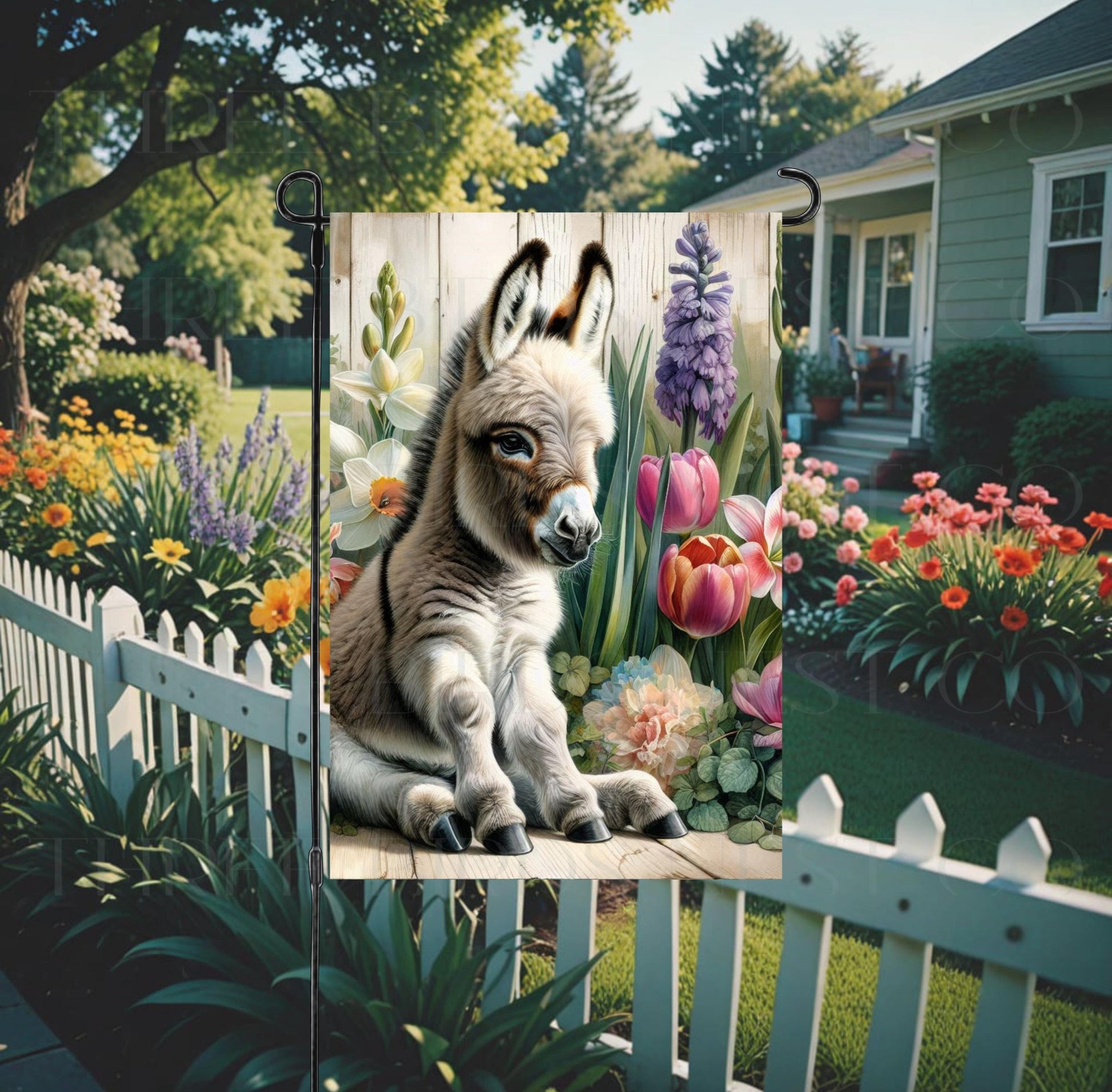 An adorable baby Donkey surrounded by Spring flowers.