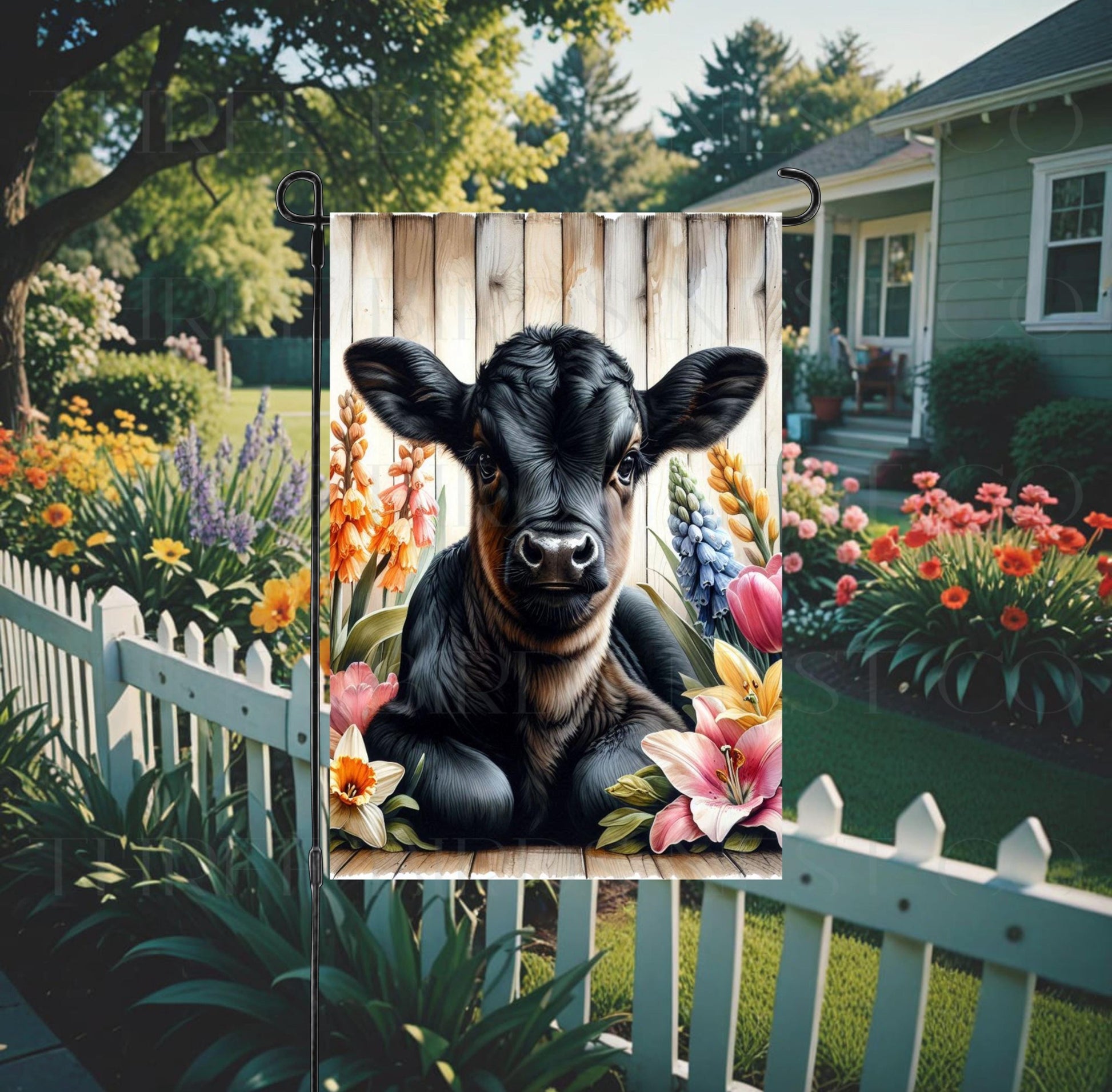 An adorable baby black Angus Cow surrounded by beautiful Spring flowers.