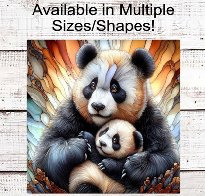 Panda Lover, Panda Cub, Mother and Baby, Safari Wreath Sign, Stained Glass
