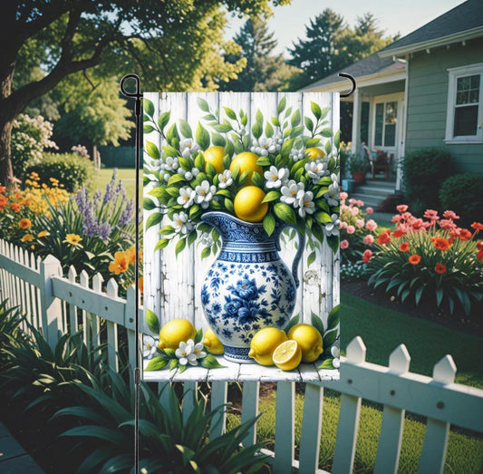 A beautiful blue and white chinoiserie vase with lemons and flowers
