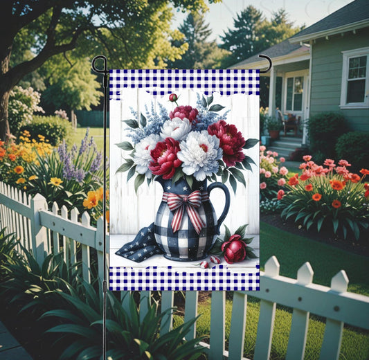 This Patriotic blue and white checkered vase with beautiful red and white peonies will be perfect for your yard decor.