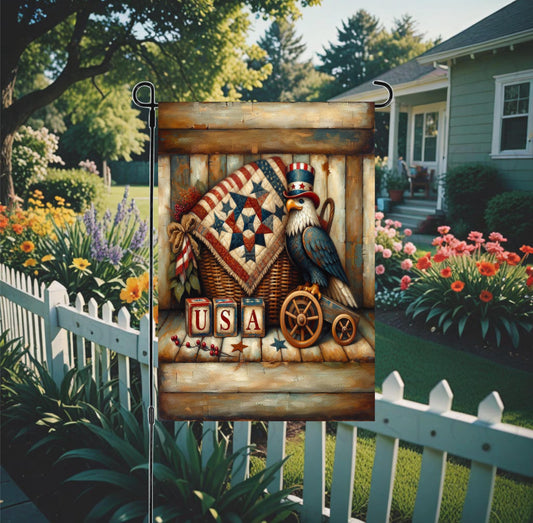 A beautiful rustic Americana Garden Flag features a wooden Bald Eagle with a Patriotic quilt and USA blocks.