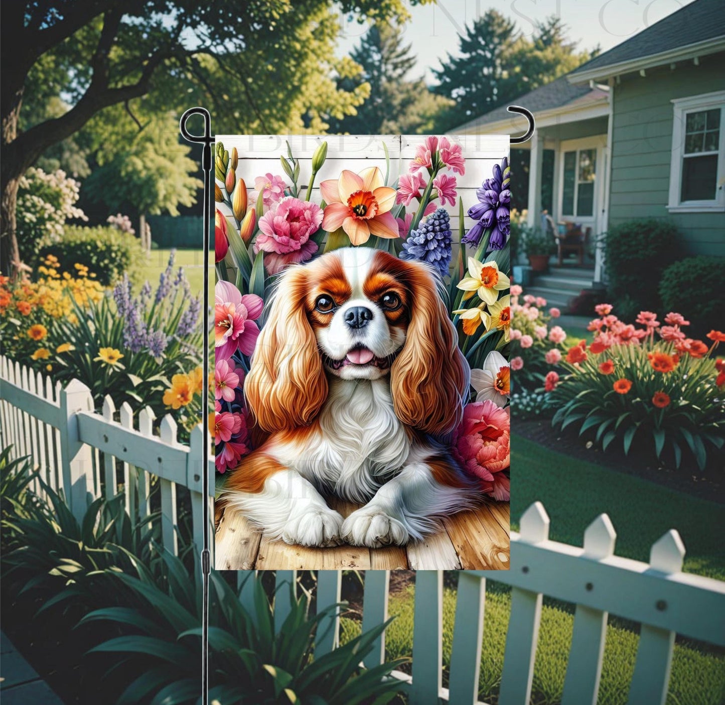 An adorable Cavalier King Charles Spaniel Puppy Dog surrounded by Spring Flowers.