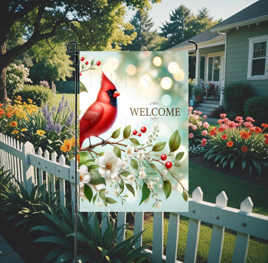 A beautiful Cardinal bird surrounded by gorgeous cherry flowers.