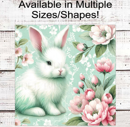 Floral Easter Bunny Wreath Sign, Mint and Pink Chinoiserie, Peonies