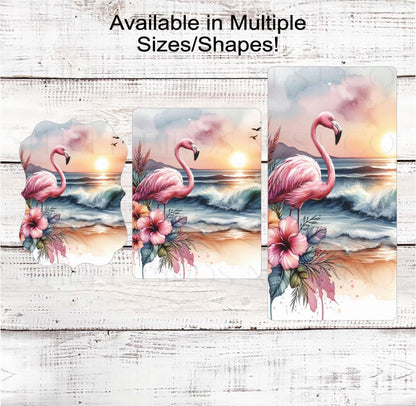 Beach Flamingo Wreath Sign, Hibiscus Flowers, Ocean Waves