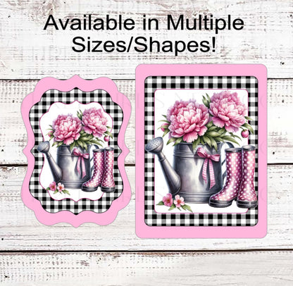 Watering Can Wreath Sign, Garden Lover, Rain Boots, Pink Peonies