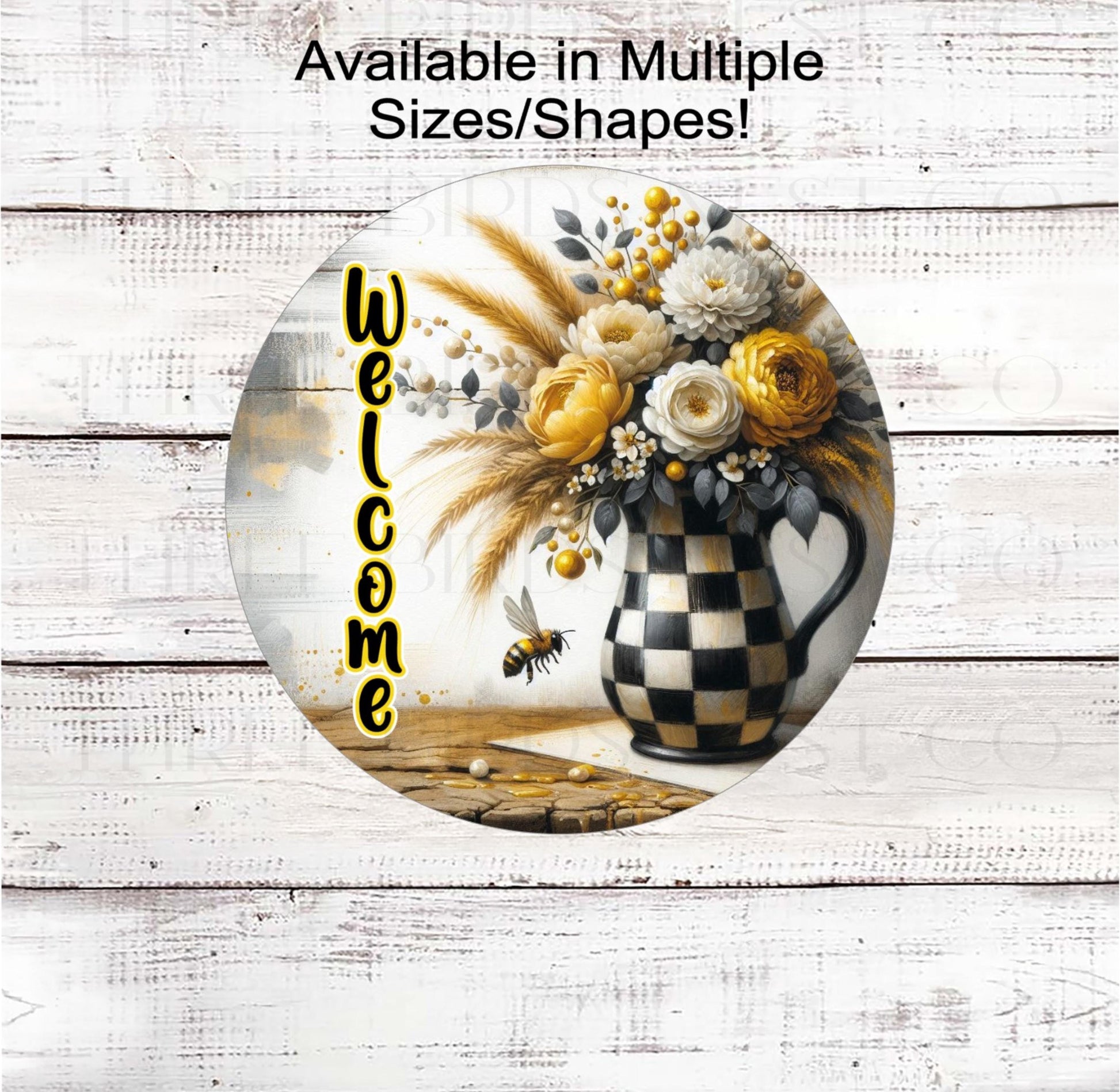 A beautiful primitive Welcome  checkered vase with peonies and greenery with a honeybee