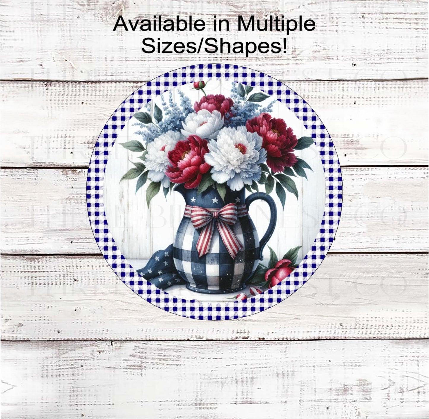 A beautiful rustic primitive vase of red, white, and blue flowers and peonies with a Patriotic bow.