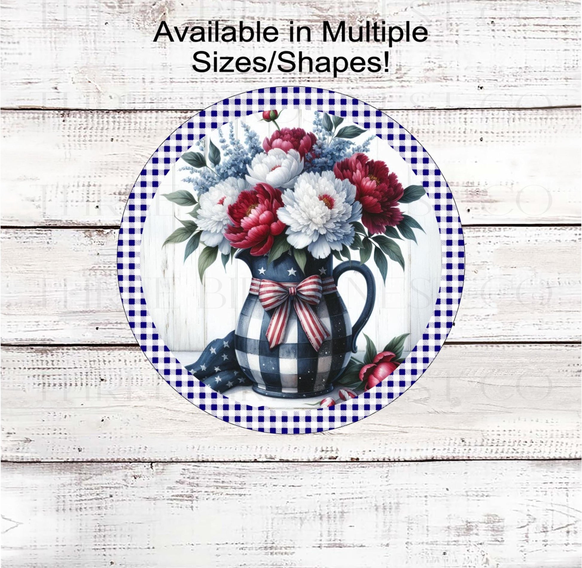 A beautiful rustic primitive vase of red, white, and blue flowers and peonies with a Patriotic bow.
