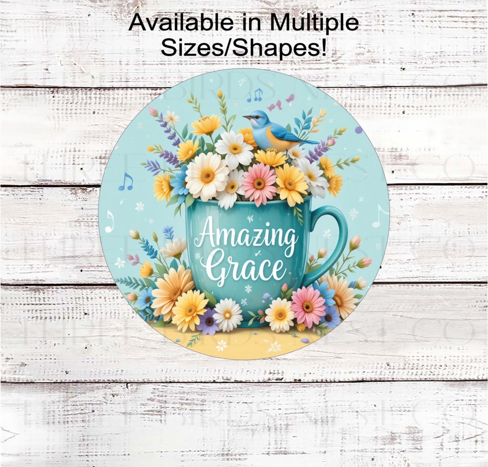A beautiful coffee mug of flowers with a bird singing Amazing Grace.