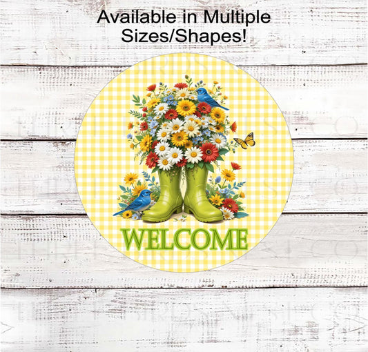 A beautiful Welcome sign with Lime Green rain boots full of beautiful flowers with bluebirds and butterflies