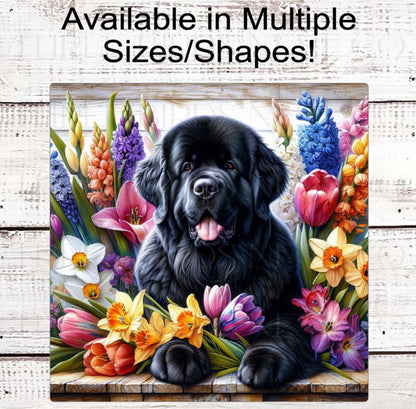 Dog Wreath Sign, Newfoundland Dog, Spring Flowers, Floral Wreath Sign