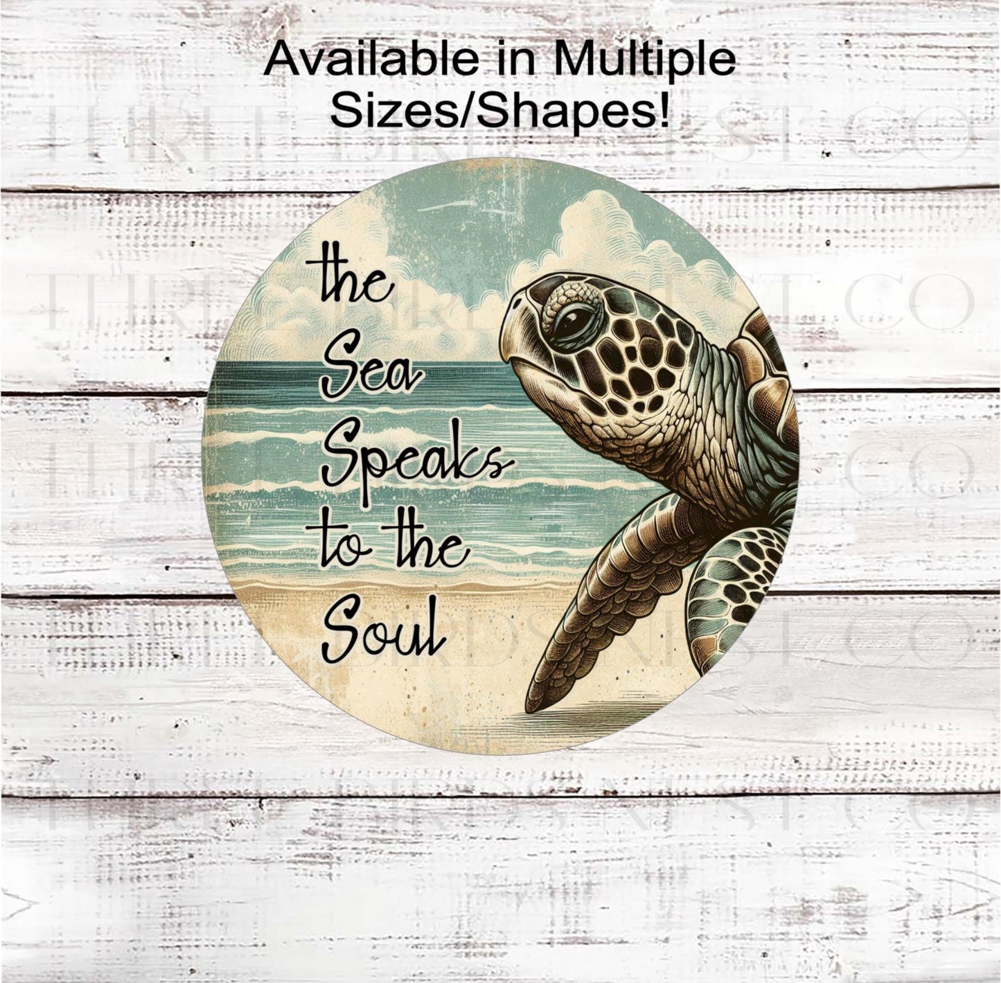A beautiful Beach Wreath Sign featuring a Sea Turtle/ The Sea Speaksto the Soul.
