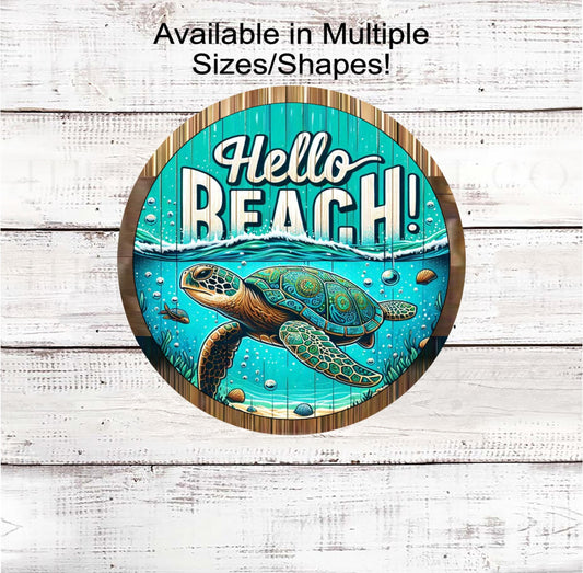 A beautiful Beach Wreath Sign featuring a Sea Turtle with a rustic look.