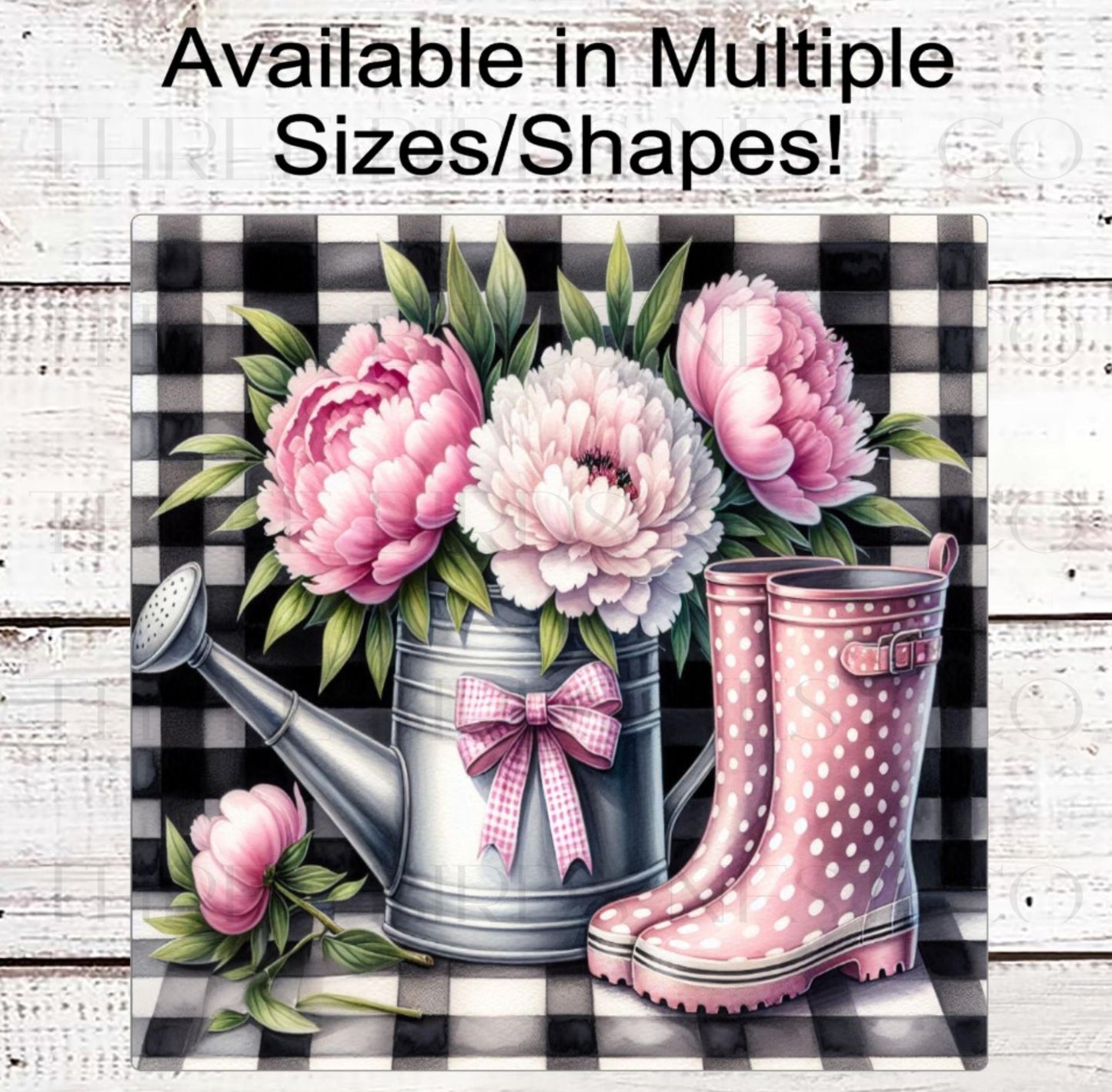 Watering Can Wreath Sign, Garden Lover, Rain Boots, Pink Peonies