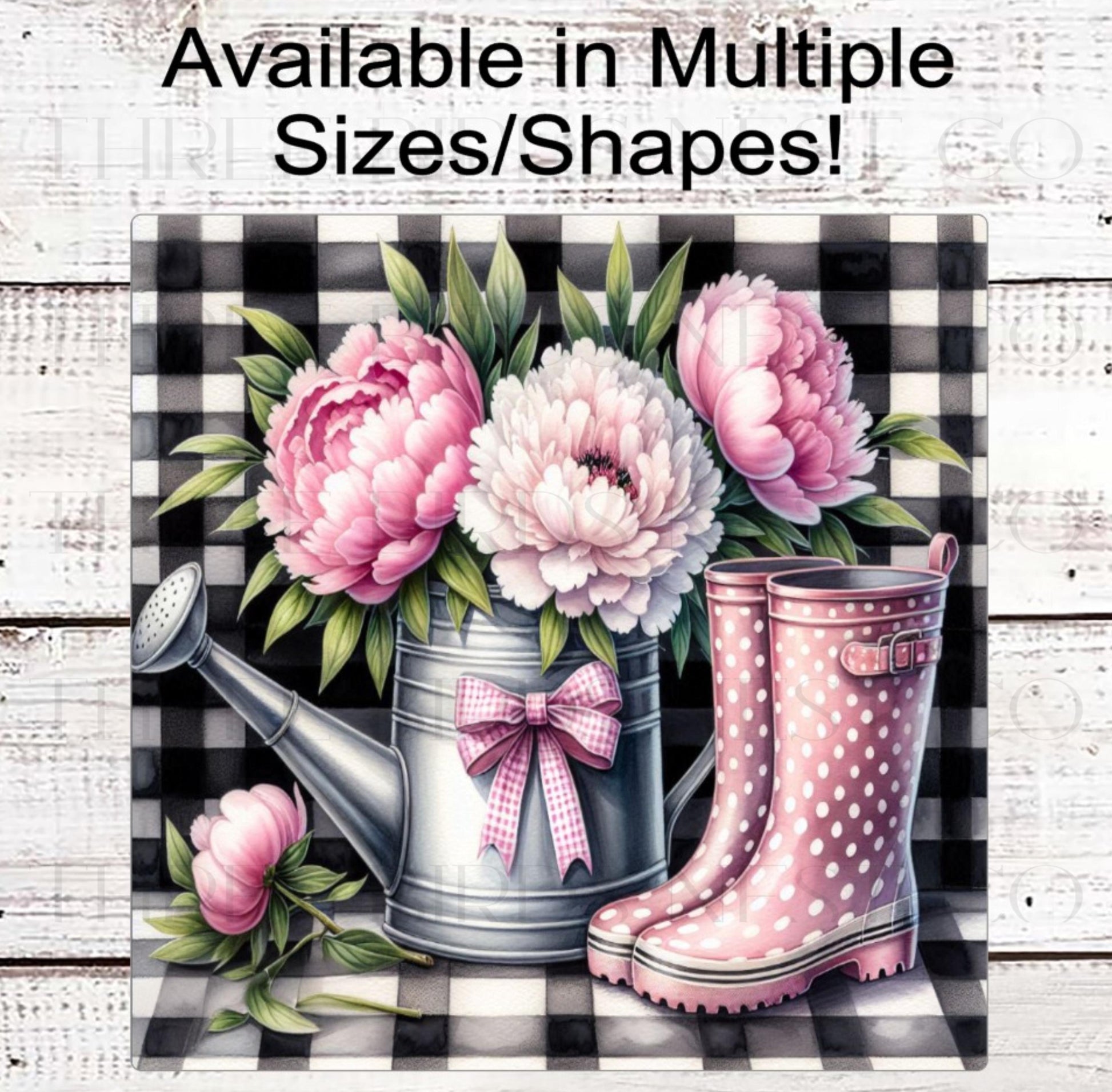 Watering Can Wreath Sign, Garden Lover, Rain Boots, Pink Peonies
