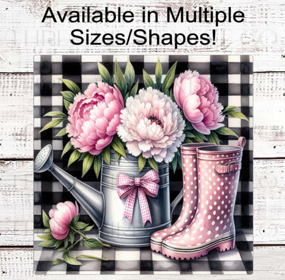Watering Can Wreath Sign, Garden Lover, Rain Boots, Pink Peonies
