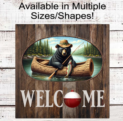 Bear Woodland Wreath Sign, Fisherman, Fishing Bobber, Cabin Decor, Rustic Farmhouse