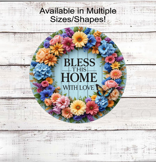 Bless This Home with Love Wreath Sign, Pansy Flowers, Rustic Welcome