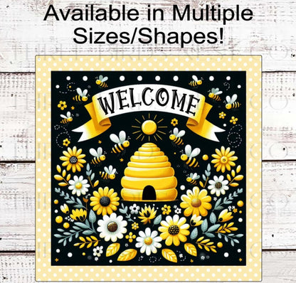 Bee Hive Welcome Wreath Sign, Daisies, Honeybees, Floral Decor