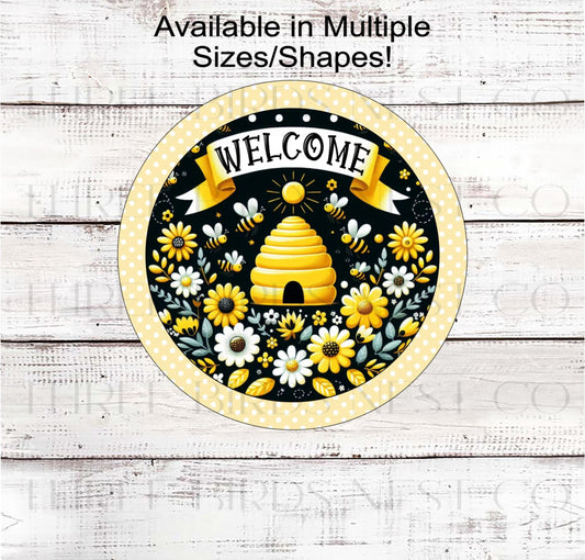 Bee Hive Welcome Wreath Sign, Daisies, Honeybees, Floral Decor